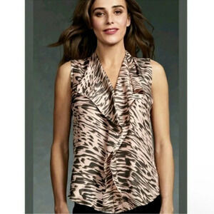 CAbi 100% Silk Pink Zebra Striped Ruffled Sleeveless Blouse Women’s Size XS